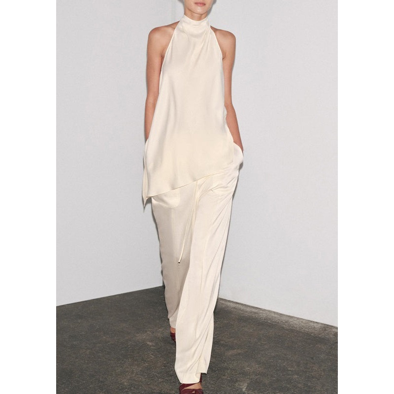 Fine White Backless Side Open Tops And Pants Silk Two Pieces Set Sleeveless