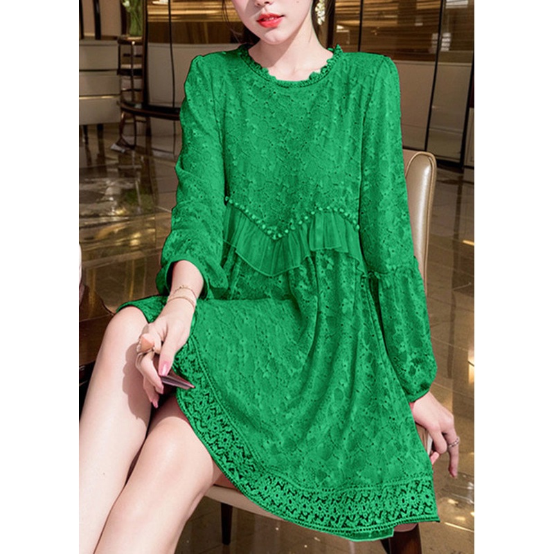 Fitted Green Ruffled Embroidered Patchwork Cotton Dress Spring
