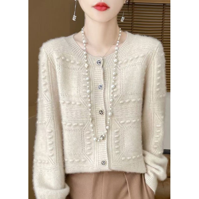 French Beige O Neck Jacquard Wool Cardigan Spring