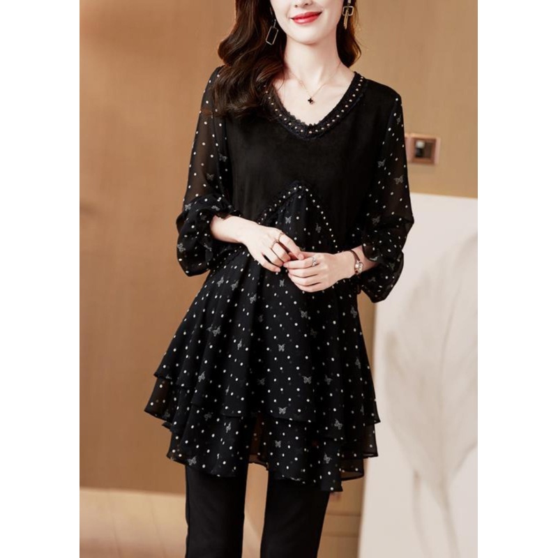 French Black O-Neck Dot Chiffo Shirt Lantern Sleeve