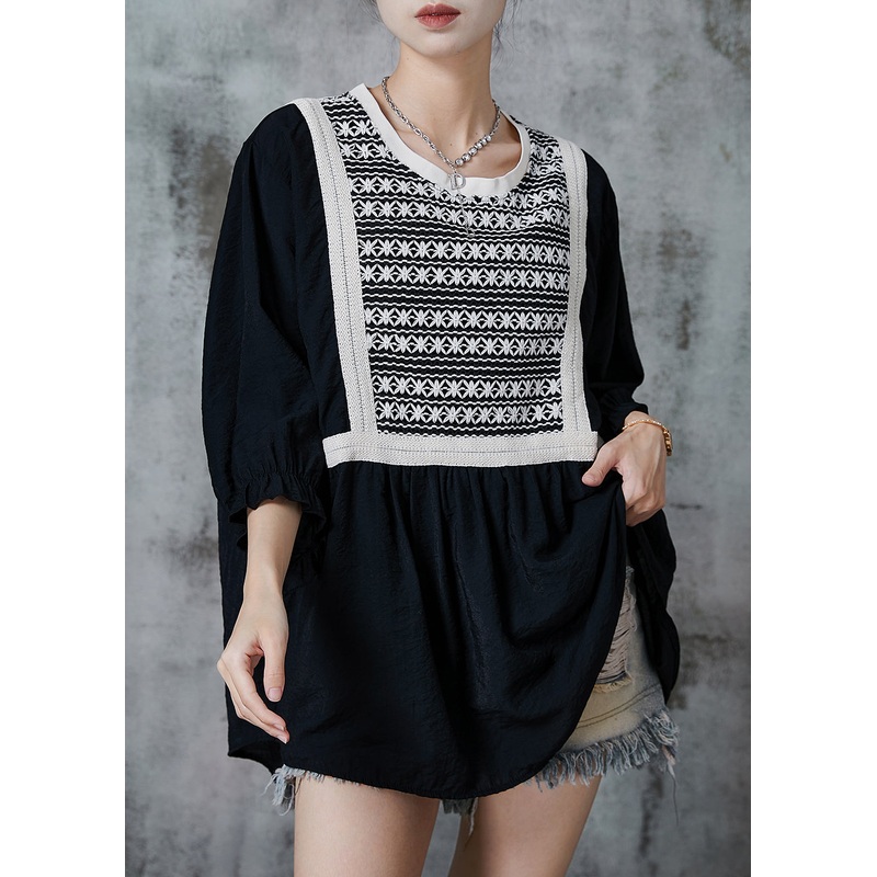 French Black Oversized Patchwork Cotton Sweatshirts Top Summer