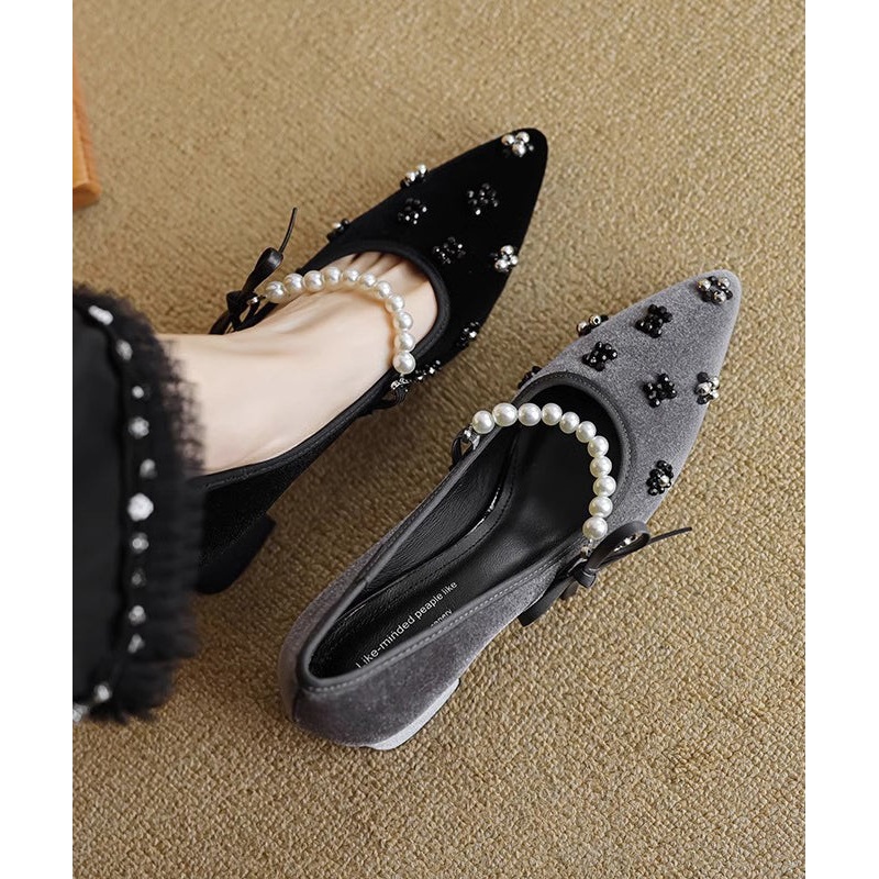 French Black Pointed Toe Chunky Heel Velour Nail Bead