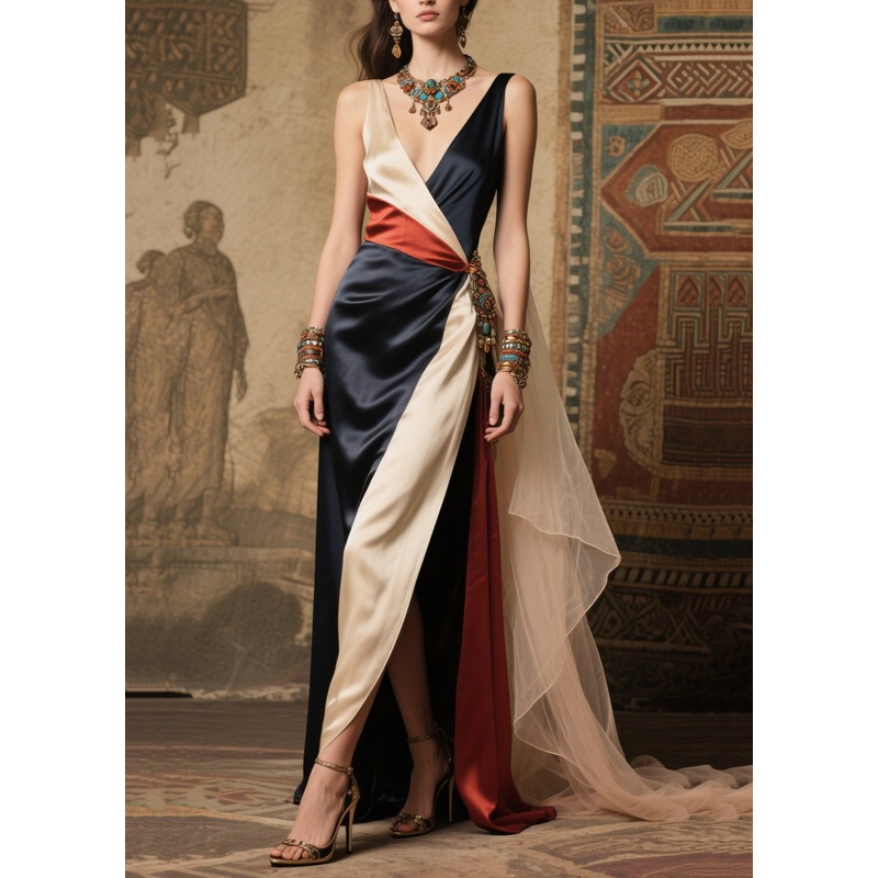French Colorblock Asymmetrical Patchwork Silk Vestidos Dress Summer