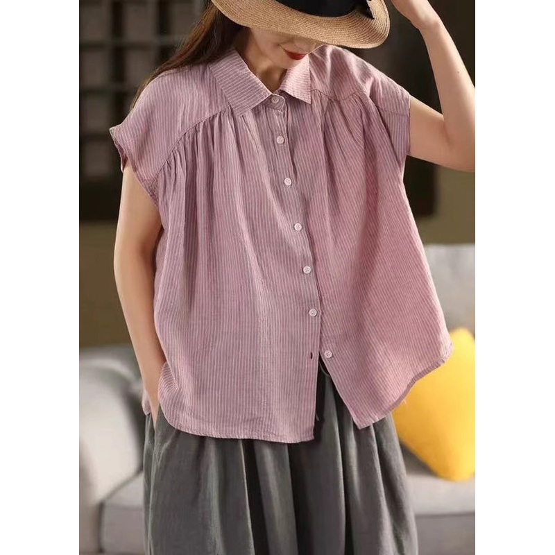 French Purple Peter Pan Striped Collar Linen Blouses Summer