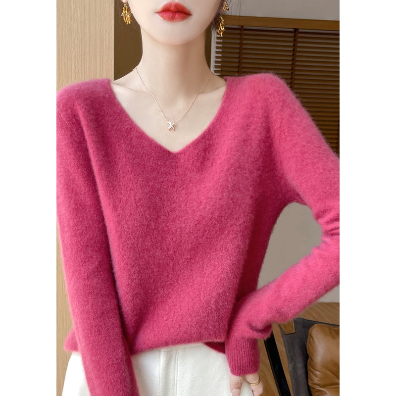 French Rose V Neck Cozy Woolen Versatile Sweater Spring
