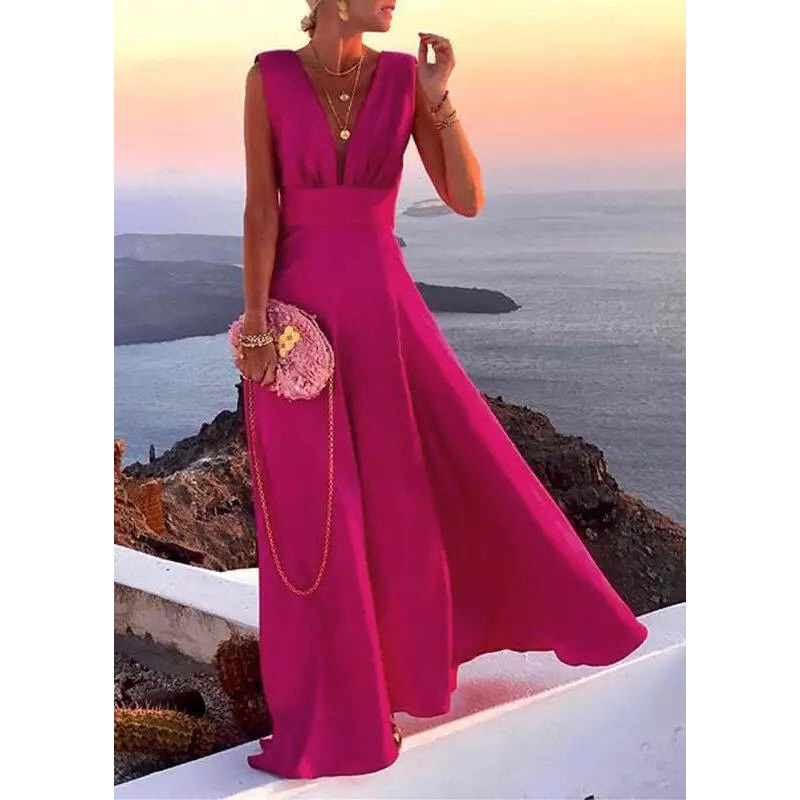 French Rose V Neck Patchwork Chiffon Long Dress Sleeveless