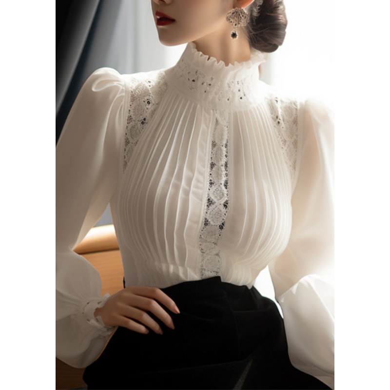 French White Puff Sleeve Lace Wrinkled Patchwork Cotton Top