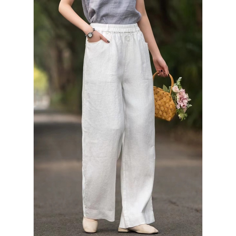 French White Solid Elastic Waist Loose Linen Wide Leg Pants