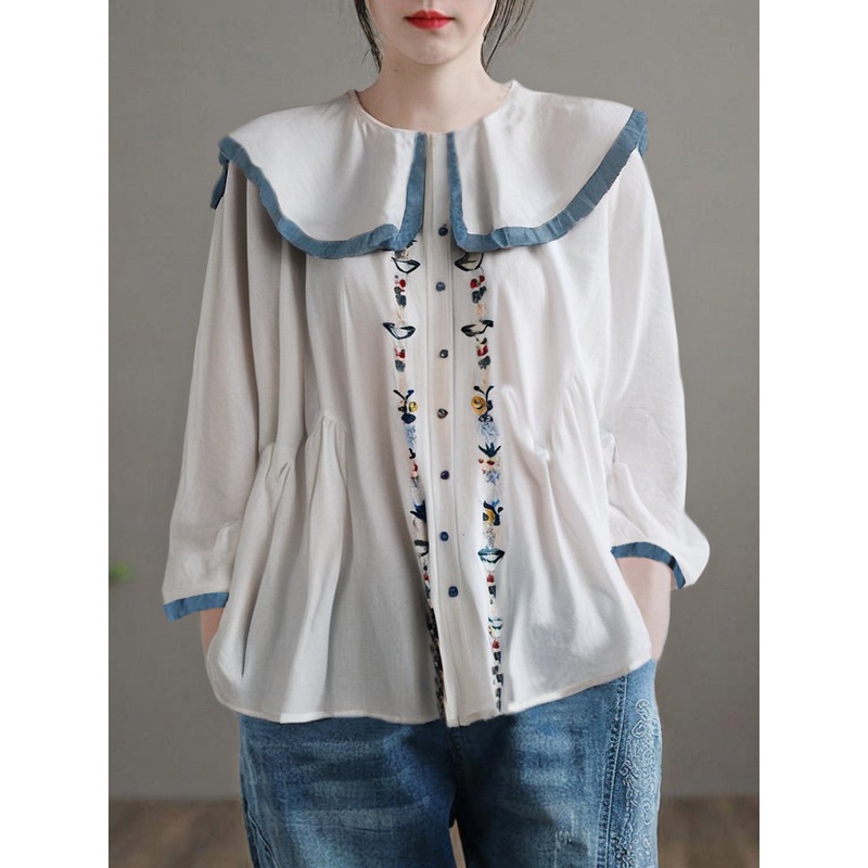 Grace White Peter Pan Collar Ruffled Linen Blouse Top Spring