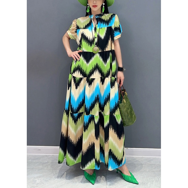Green Patchwork Button Maxi Dress Short Sleeve