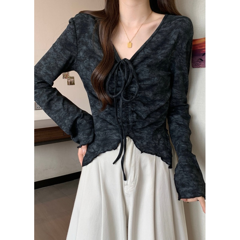 Grey Tie Dye Cotton Blouse Tops Wrinkled Fall