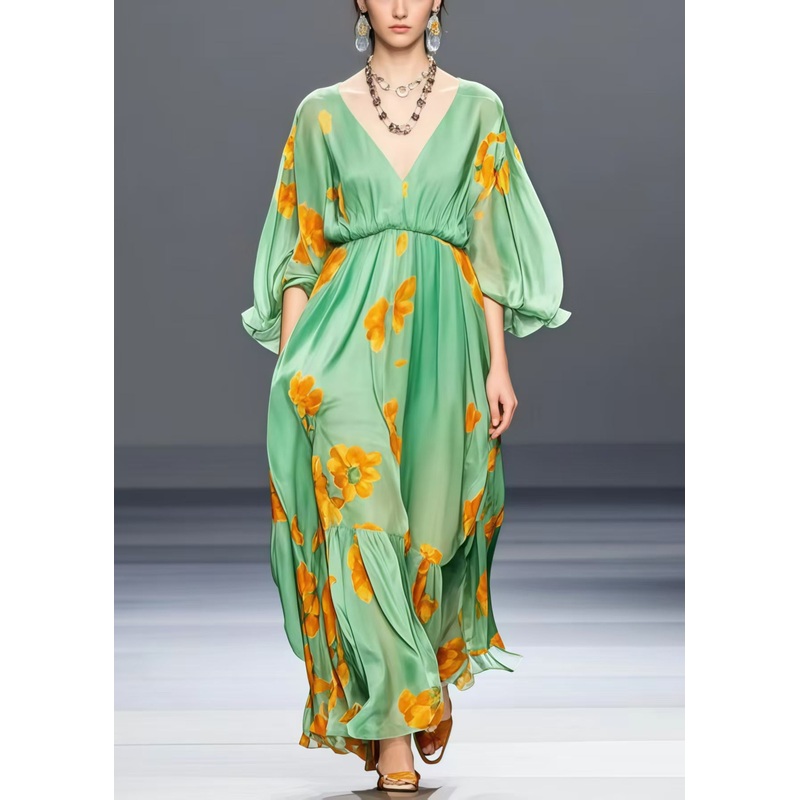 Loose Grass Green V Neck Floral Silk Long Dress Lantern Sleeve