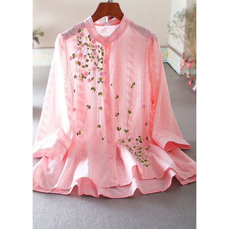 Loose Pink Embroidered Cotton Blouse Top Spring
