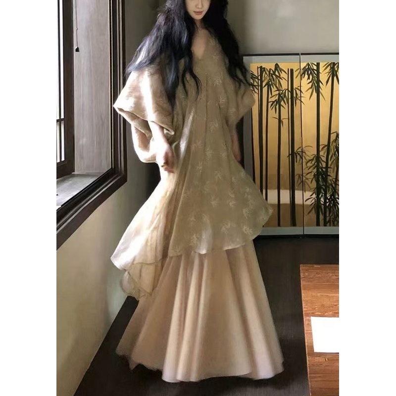 Loose V Neck Tulle Patchwork Cotton Robe Dresses Batwing Sleeve