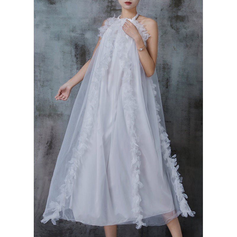 Modern White Ruffled Cold Shoulder Tulle Halter Dress Summer