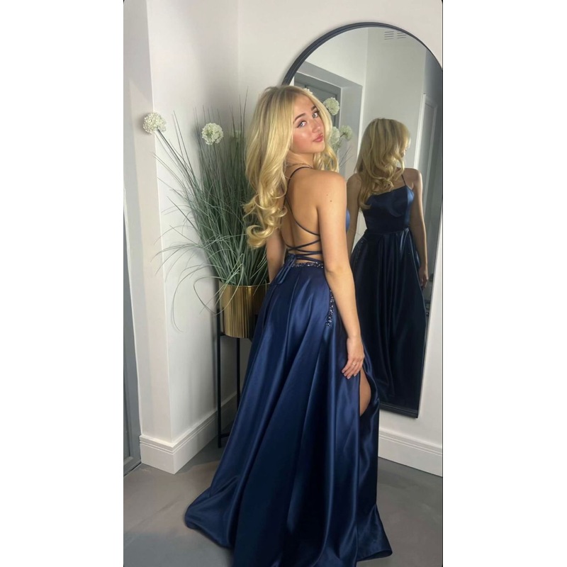 Navy Blue A Line Satin Long Prom Dress Formal Evening Dress J6140