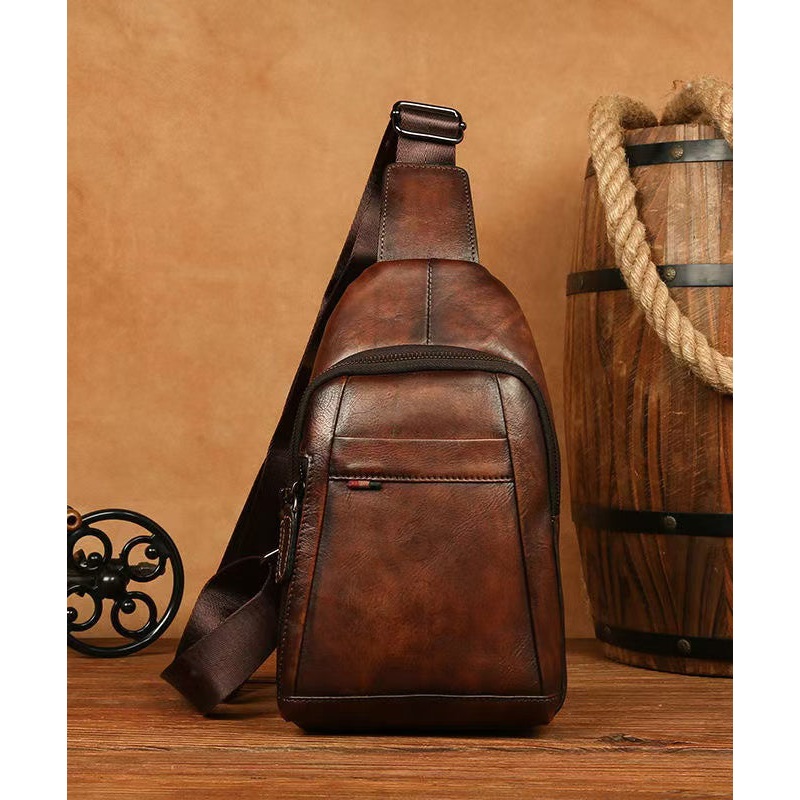 New Coffee Men’s Calf Leather Large Capacity Chest Bag