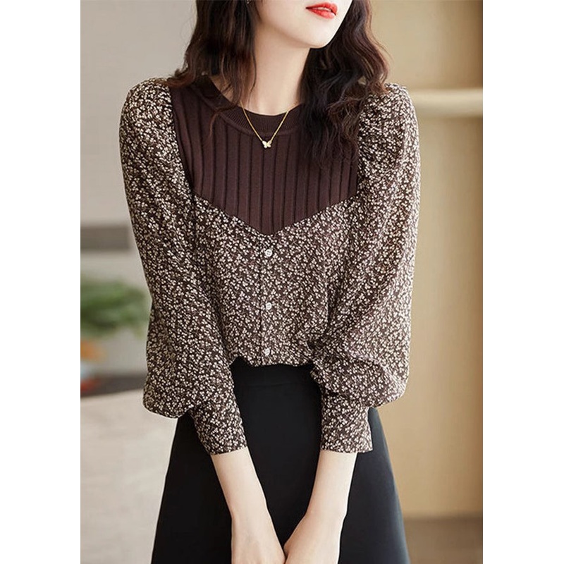 New Coffee O Neck Print Knit Patchwork Cotton Top Spring