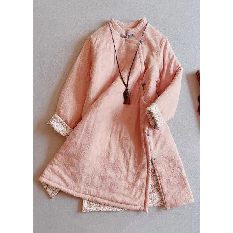 New Pink Stand Collar Button Side Open Parka Winter