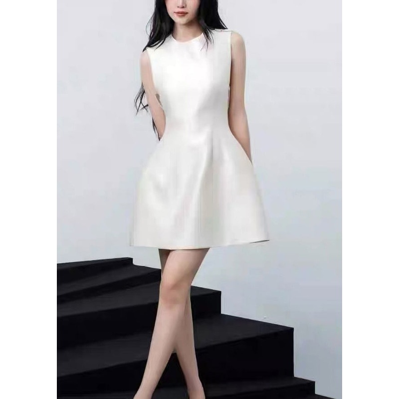 New White Bow High Waist Solid Cotton Party Dress Sleeveless