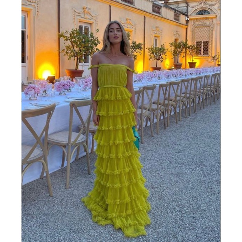 Off The Shoulder Yellow Tiered Prom Dress A Line Party Gown 2232