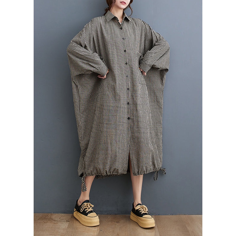 Plus Size Peter Pan Collar Plaid Cotton Shirts Dress Spring