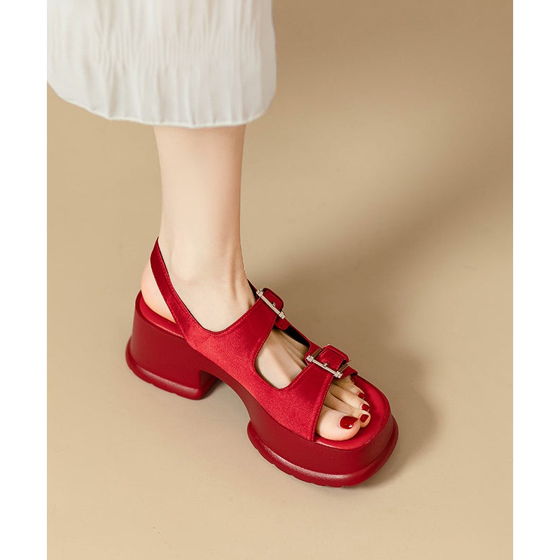 Red Platform Faux Leather Chic Buckle Strap Splicing Sandals