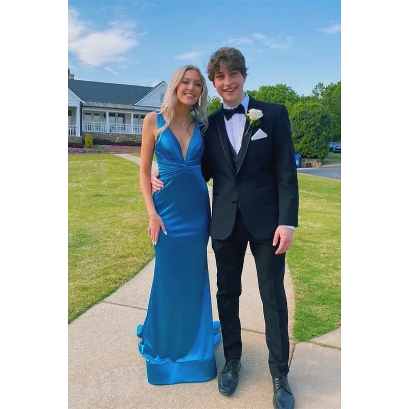 Sexy Blue Mermaid V Neck Long Party Prom Dresses J5689