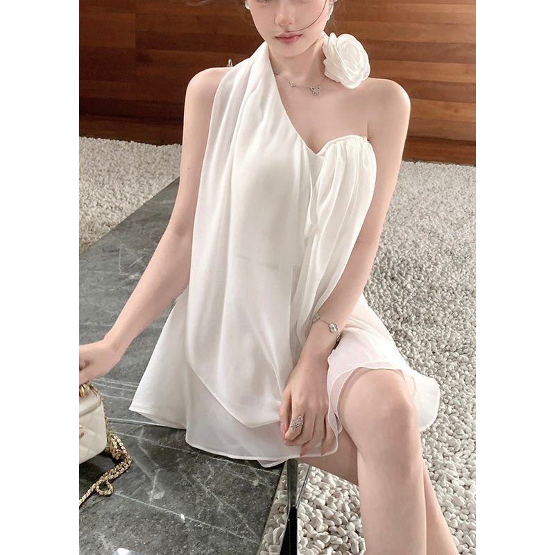 Sexy White Asymmetrical Floral Decorated Chiffon Beach Two Pieces Set Summer