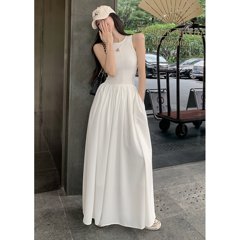 Silm Fit White Patchwork Cotton Holiday Dress Sleeveless