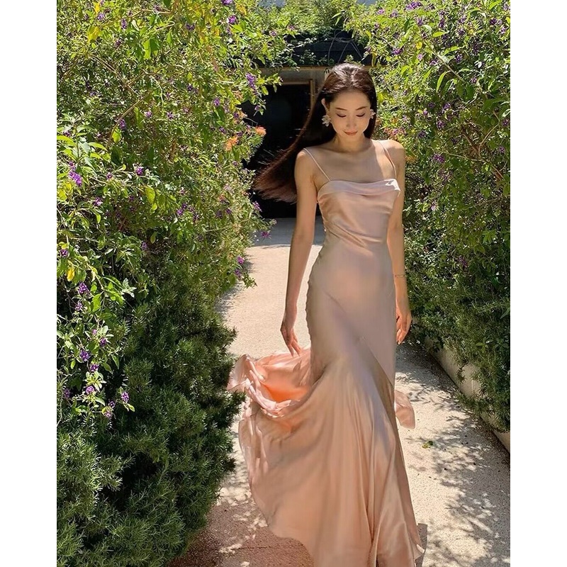 Spaghetti Straps Pink Mermaid Satin Long Prom Dresses J2749