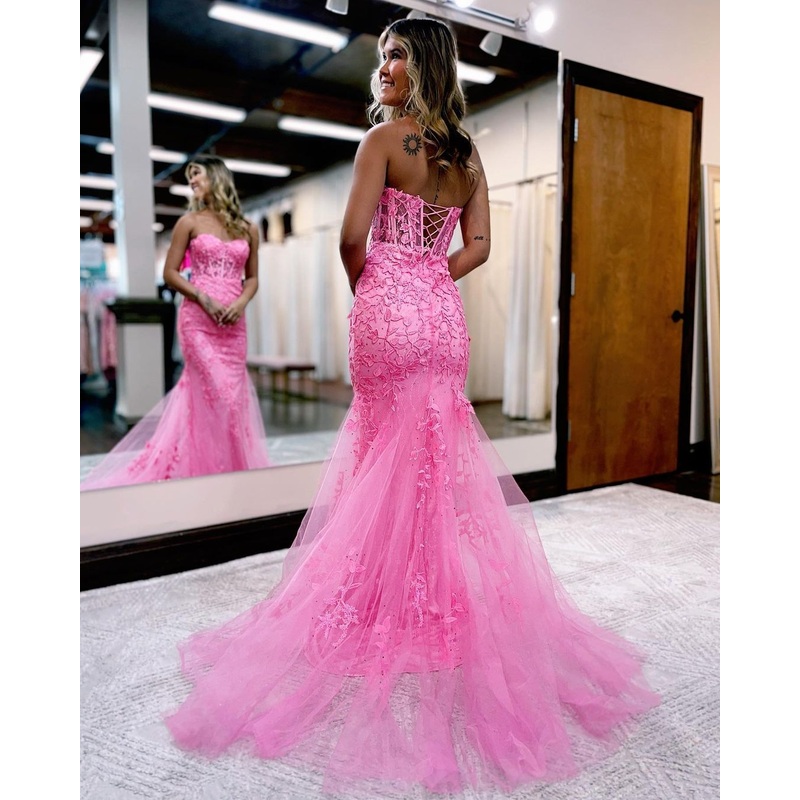 Strapless Pink Applique Lace Mermaid Long Prom Dress J3015