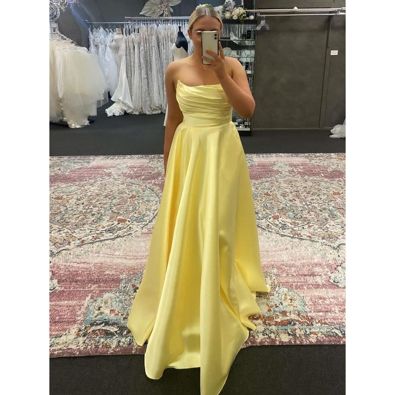 Strapless Yellow Satin Line Long Prom Dress J5823