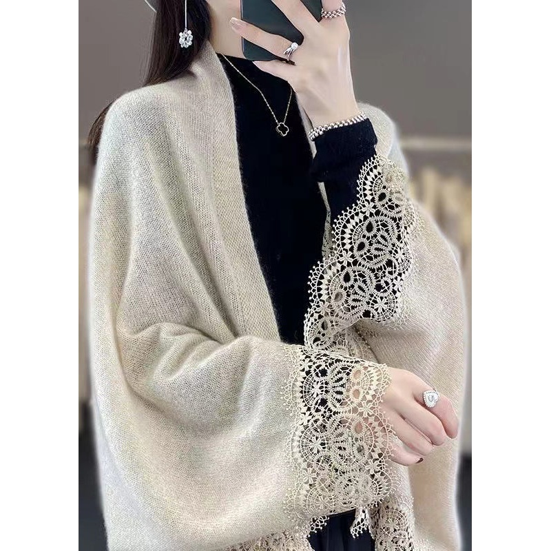 Stylish Beige Hollow Out Lace Patchwork Woolen Cardigans Spring