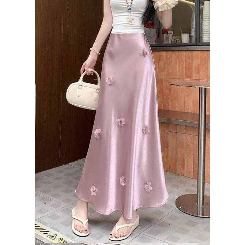 Stylish Pink Floral High Waist Silk Skirt Summer