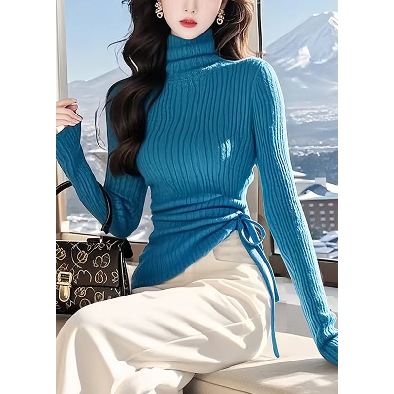 Unique Peacock Blue Asymmetrical Tie Waist Cotton Knit Sweater Spring