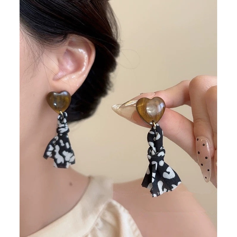 Vintage Black Copper Fabric Resin Love Print Drop Earrings