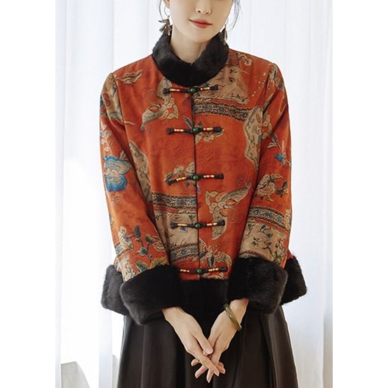 Vintage Orange Button Patchwork Parkas Winter