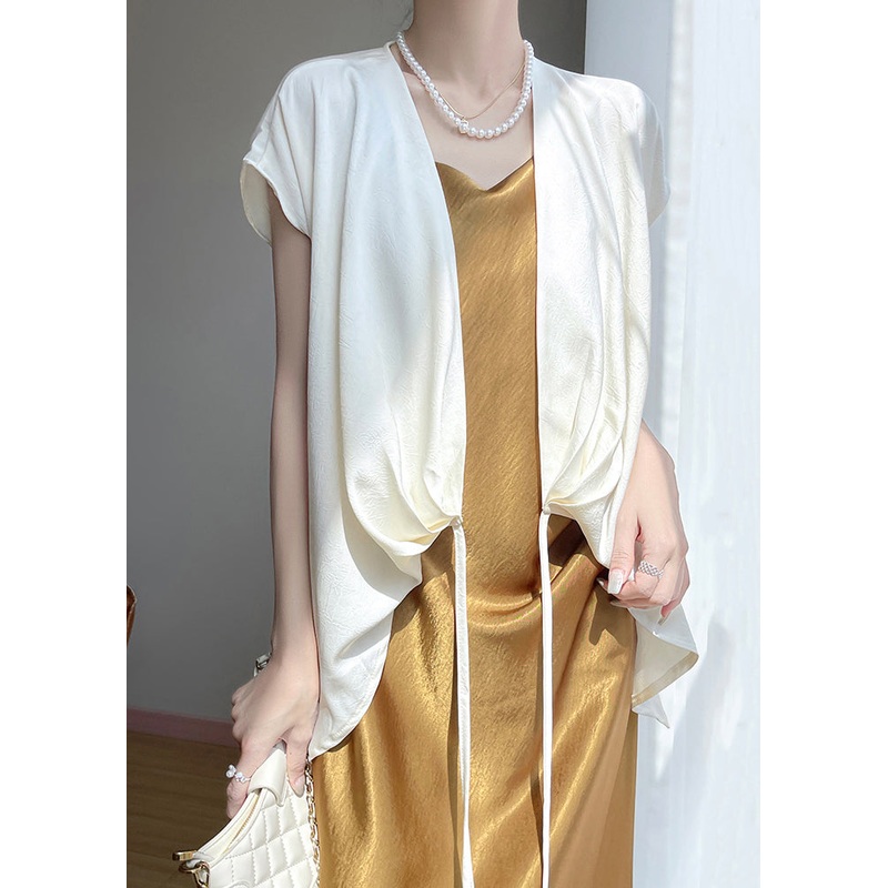 White Lace Up Solid Silk Blouse V Neck Short Sleeve