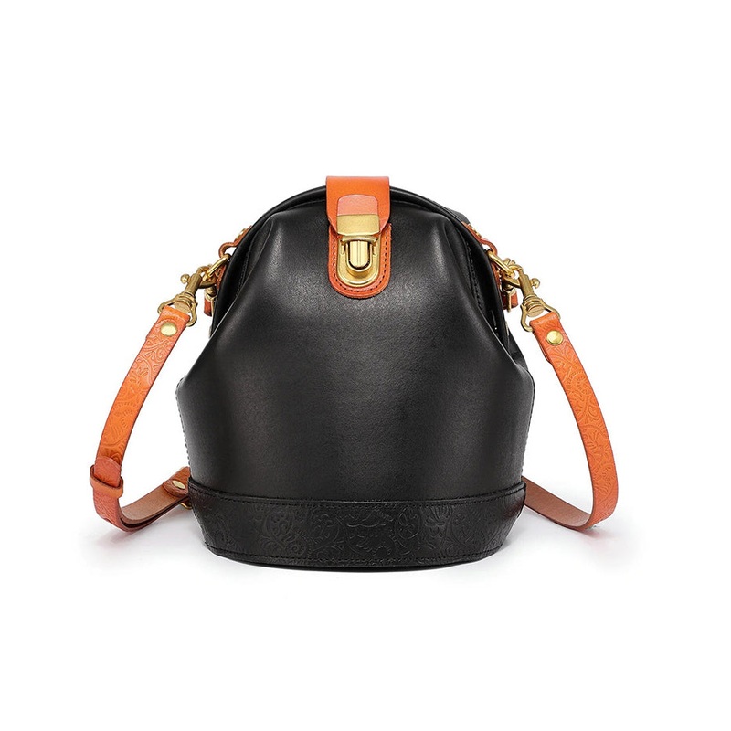 Women Black Versatile Durable Calf Leather Bucket Bag