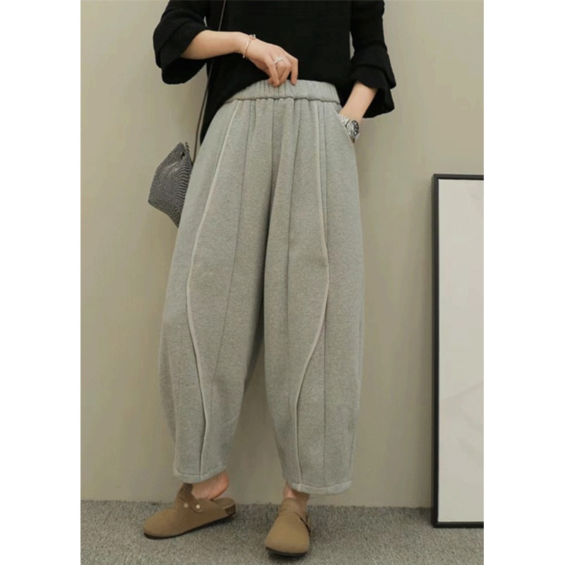 Women Casual Grey Pockets Elastic Waist Patchwork Cotton Pants Spring