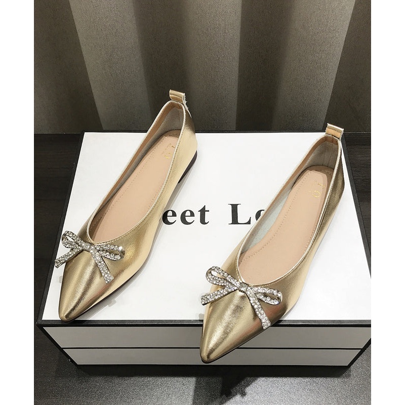 Women Comfy Bow Splicing Flat Shoes Gold Faux Leather Pointed Toe