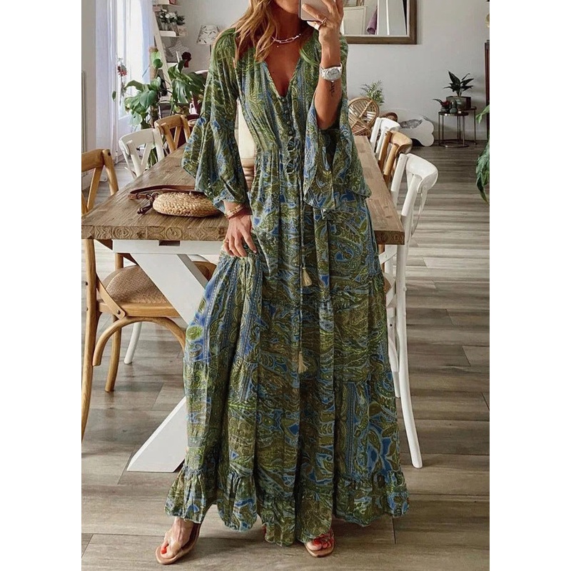 Women Green V Neck Print Cotton Maxi Dresses Flare Sleeve