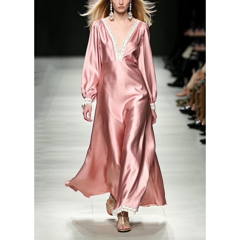 Women Pink V Neck Patchwork Silk Vacation Dresses Spring