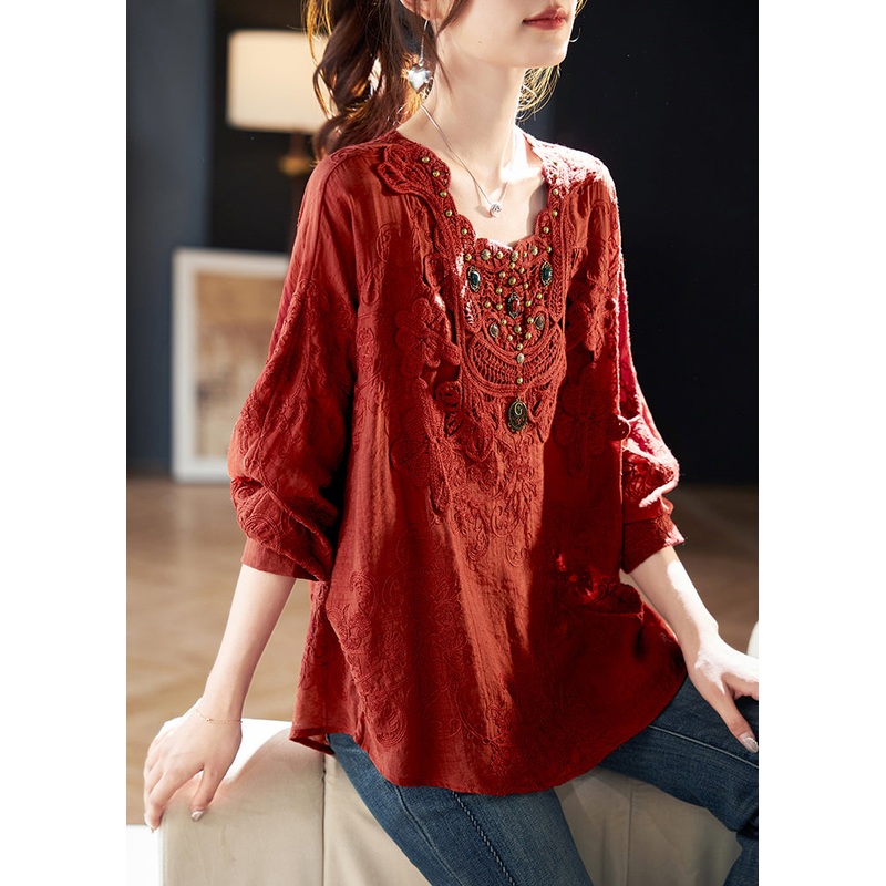 2025 New Red Square Collar Embroidered Cotton Tops Spring