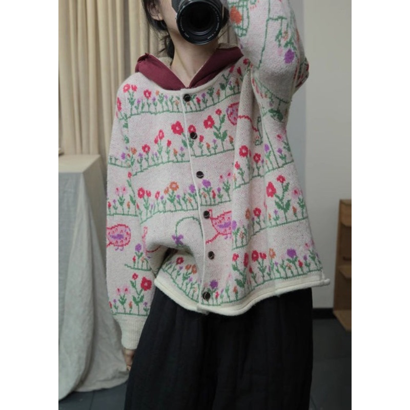 Apricot Print Knit Loose Cardigans O Neck Button Spring