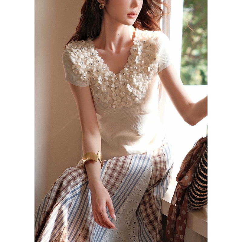 Art Beige V Neck Floral Nail Bead Knit T Shirts Summer