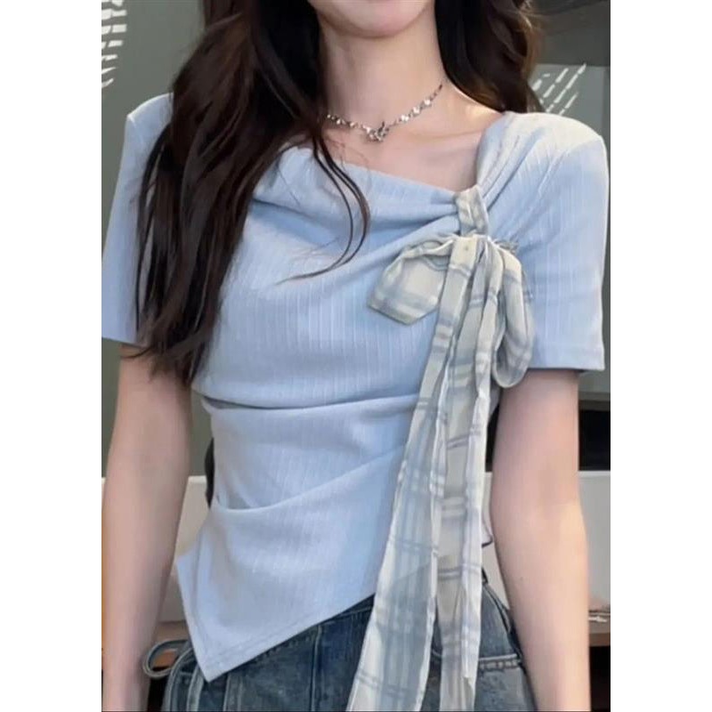 Art Blue Asymmetrical Bow Cotton T Shirts Summer