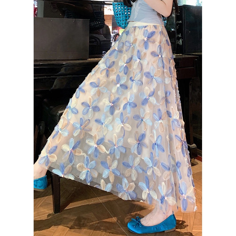 Art Blue Floral Elastic Waist Tulle Skirt Summer