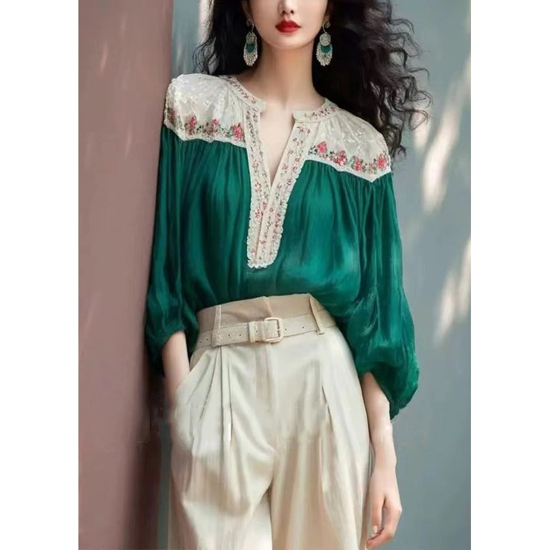 Art Green V Neck Patchwork Cotton Shirt Bracelet Sleeve